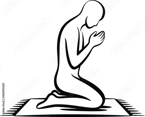 Black and white illustration of a person praying on a prayer mat in a humble position