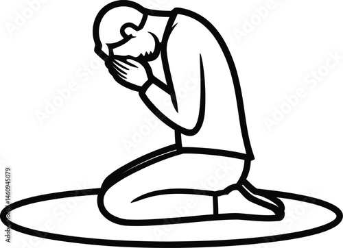Illustration of a person kneeling in prayer with hands covering face expressing sadness or sorrow