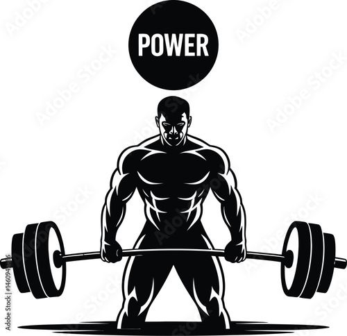 Strong bodybuilder lifting barbell under the word power fitness and exercise concept