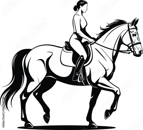 Elegant black and white illustration of a woman riding a horse in full motion