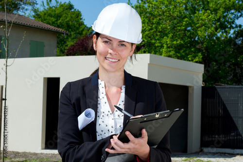 woman builder wearing safety helmet outdoors