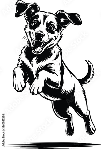 Playful black and white illustration of a jumping happy dog with an open mouth and joyful expression.