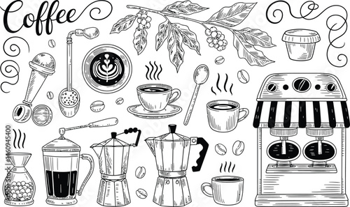 Detailed hand drawn coffee elements featuring coffee beans machines and brewing equipment in black and white