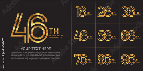Anniversary logo set with double line number style. golden color can be use for special moment