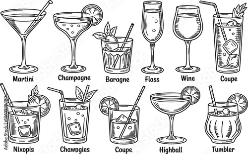 Elegant hand drawn illustrations of various cocktails including martini champagne and highball
