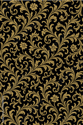 Elegant Gold Floral Damask Pattern on Black Background