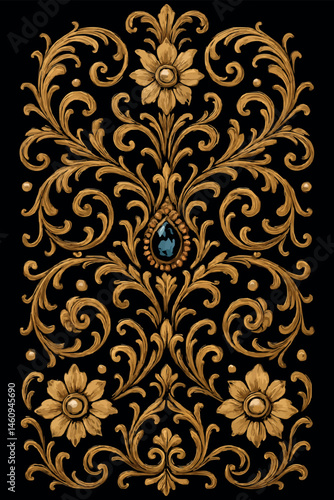 golden floral pattern with a blue stone
