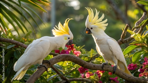 Exotic Parrots Perched: Two striking yellow-crested cockatoos perched on a branch, amid lush, vibrant foliage, exuding a sense of tropical allure and the captivating essence of nature.