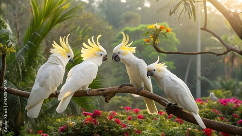 Cockatoo Gathering in Paradise: Four majestic white cockatoos perch on a branch, their yellow crests a vibrant contrast against the lush tropical foliage. The sunlight streams through the leaves.