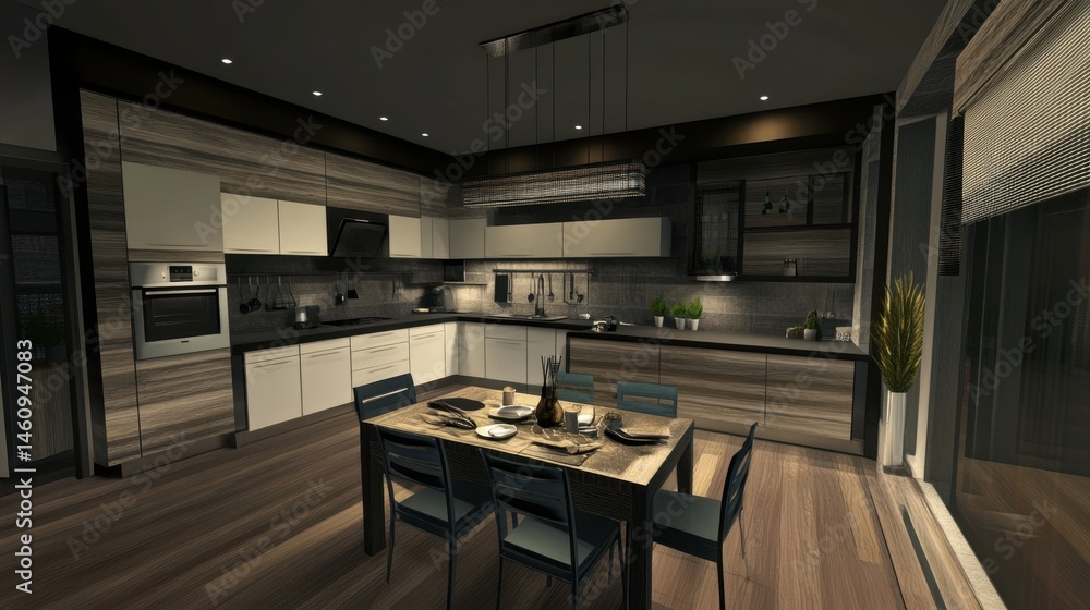 lurred view of modern kitchen with furniture and dining table lurred view of modern kitchen with furniture and dining table
