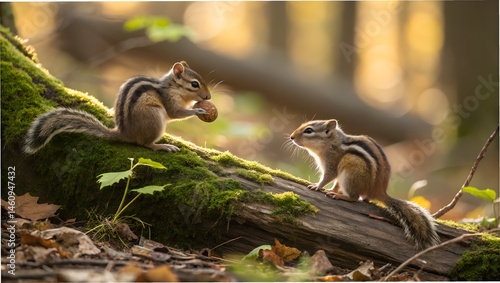 Chipmunks' Chestnut Exchange: A heartwarming tableau unfolds as two chipmunks, perched upon a moss-covered log, engage in an intimate exchange.
