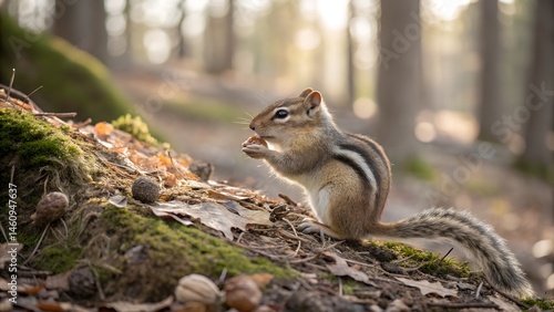 Chipmunk's Woodland Feast: A curious chipmunk, with striking stripes, finds a bountiful feast amidst the rustic charm of a sun-dappled woodland setting.