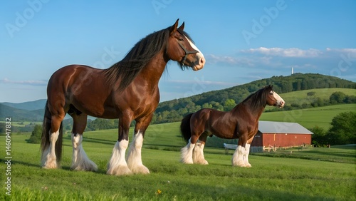 Elegant Clydesdale horse in bright daylight showing muscular form against scenic rolling hill background. Majestic Clydesdales: Running Free in Warm Light