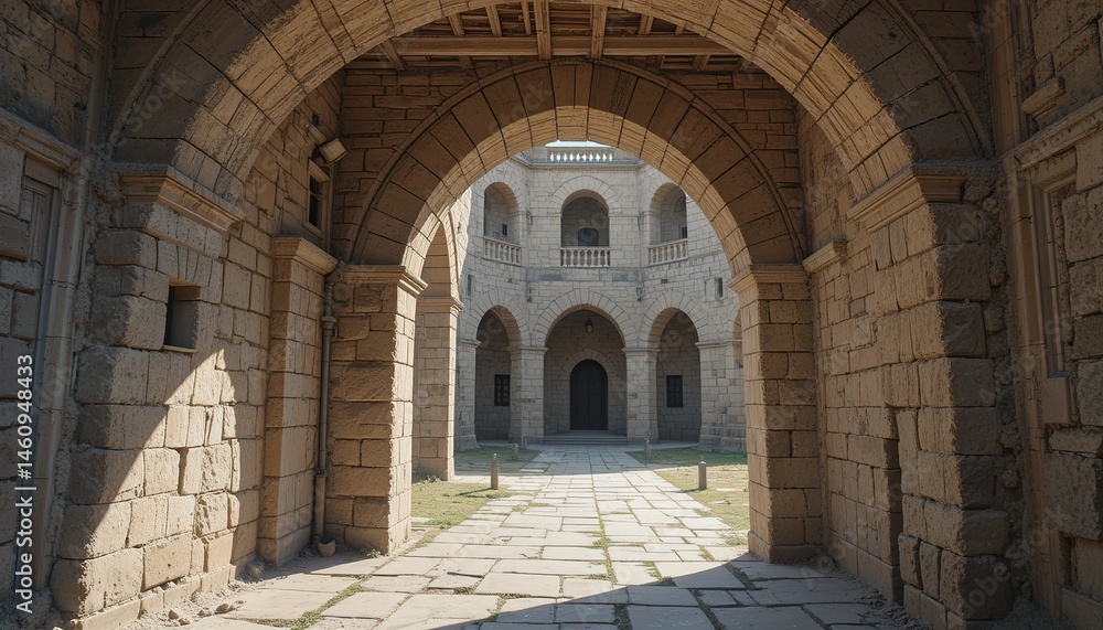 Fototapeta premium Stone Arches Framing a Courtyard with Balcony and Central Doorwa