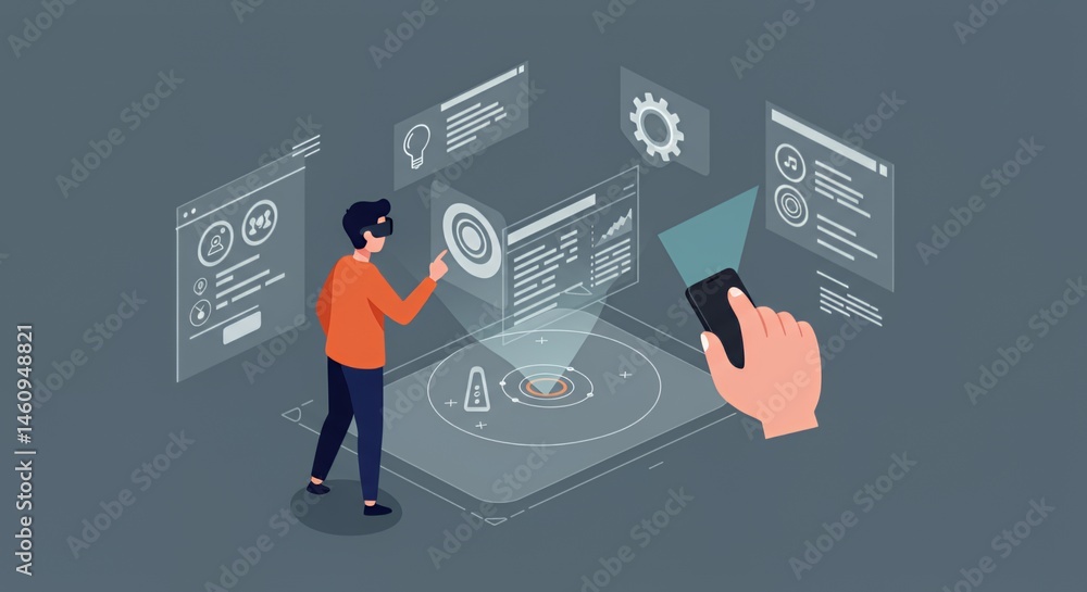Innovative Virtual Reality Experience: Man Interacts with Holographic Interface Innovative Virtual Reality Experience: Man Interacts with Holographic Interface