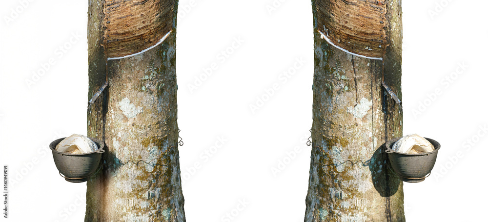 Close-up of rubber tree being tapped in rural Asian plantation, showing natural coagulated latex dripping into cup on white background, highlighting eco-friendly harvesting in tropical agriculture.