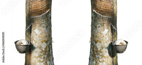 Obraz na płótnie Close-up of rubber tree being tapped in rural Asian plantation, showing natural coagulated latex dripping into cup on white background, highlighting eco-friendly harvesting in tropical agriculture. w salonie