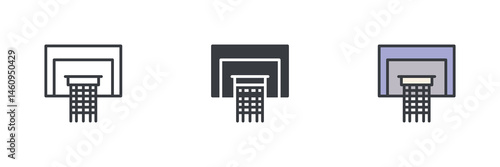 Basketball hoop with a backboard and net different style icon set