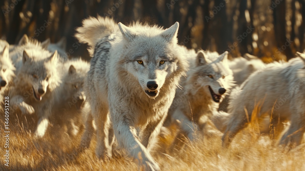 Obraz premium A pack of wolves running through a golden field in a forest, showcasing their strength and unity