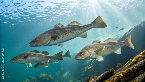 Beautiful detailed cod fish in natural aquatic environment captured in vibrant high-resolution photography. Atlantic Cod, Cod fish (Gadus morhua) Aalesund, Norway, Europe
