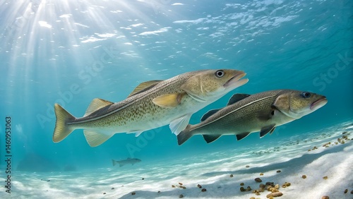 Beautiful detailed cod fish in natural aquatic environment captured in vibrant high-resolution photography. Atlantic Cod, Cod fish (Gadus morhua) Aalesund, Norway, Europe

