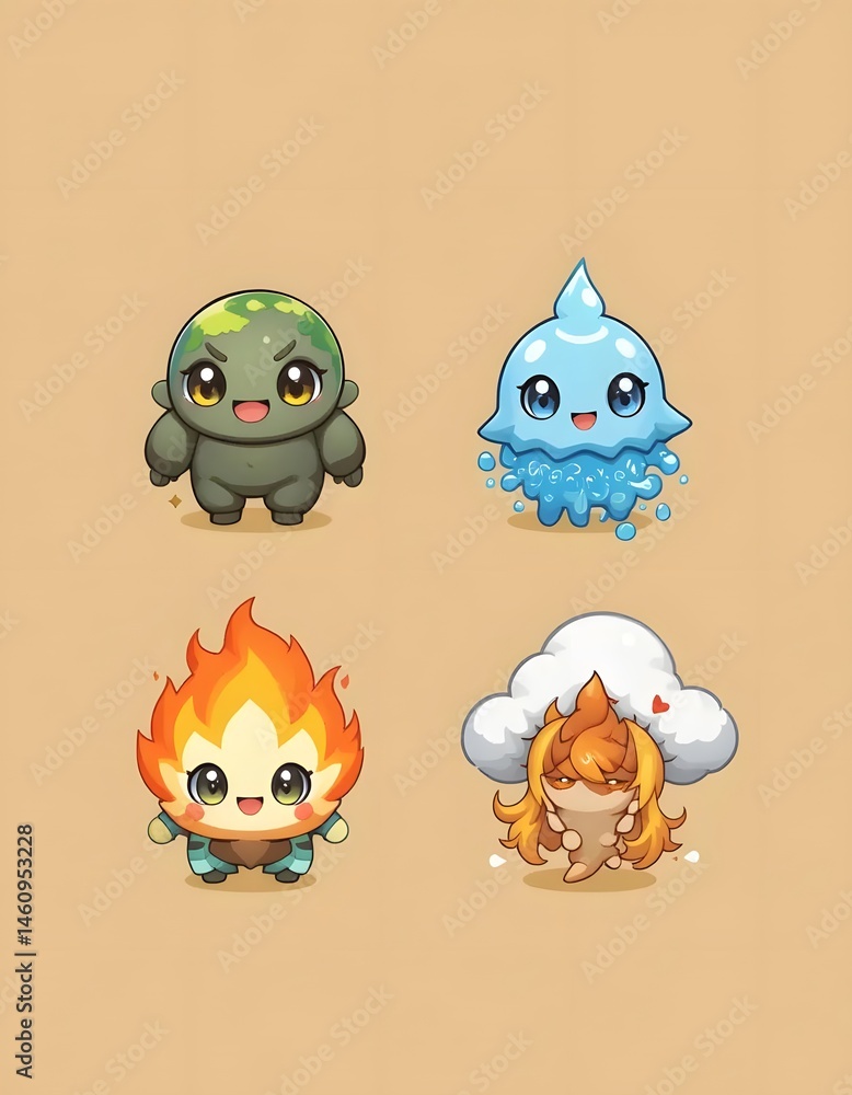 Obraz premium Adorable Elemental Spirits: Earth, Water, Fire, and Air Cute Cartoon Characters