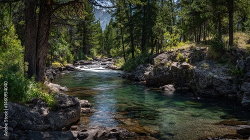 A clear, rocky river winds through a lush forest, surrounded by tall trees and greenery under natural sunlight.