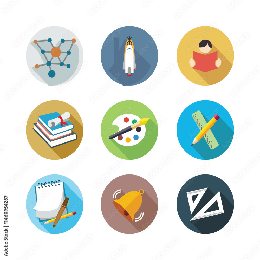 Assorted Educational Icons Set With Science,Arts,And Learning Symbols Flat Design Assorted Educational Icons Set With Science,Arts,And Learning Symbols Flat Design