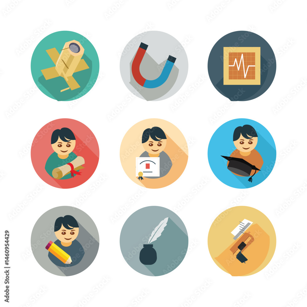 Fototapeta premium Education And Learning Icon Set With Academic Tools And Student Characters Isolated On White
