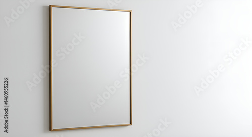 Simple framed mirror with thin metallic edge, photographed on white wall