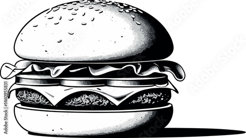 A black and white image of a cheeseburger