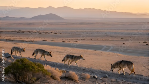 High-resolution image of alert coyote watching sunset over rugged terrain, ideal for nature enthusiasts. Courting coyote pair snowy Yellowstone National Park Wyoming


