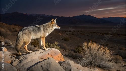 High-resolution image of alert coyote watching sunset over rugged terrain, ideal for nature enthusiasts. Courting coyote pair snowy Yellowstone National Park Wyoming


