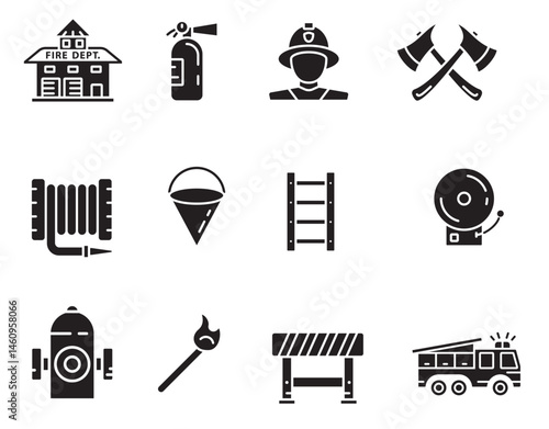 Firefighter icons set. Fire Department symbol. Set of Fire station signs, isolated on a white background