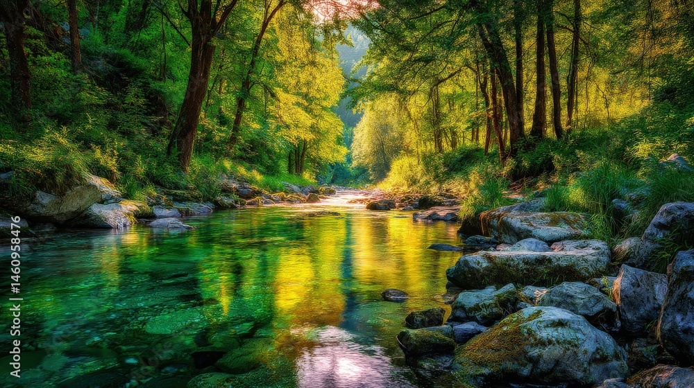 Obraz premium A crystal-clear river flows through a lush, sunlit forest, reflecting vibrant green trees and rocks in its tranquil waters.