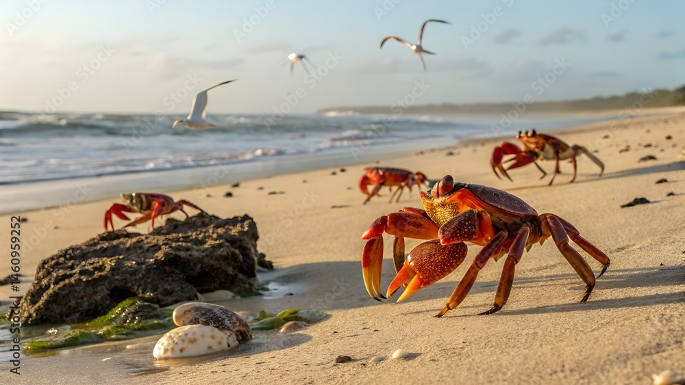 Obraz premium Natural coastal scene with crab on warm sandy beach surrounded by seashells and sea birds flying. Spider crab in fighting pose, Inishmore, Aran Islands, Ireland 