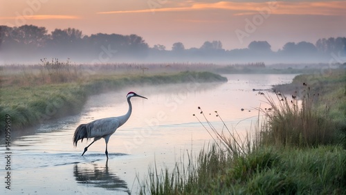 Wildlife photography of a solitary crane in tranquil river environment with foggy forest horizon. Great egret with yellow beak standing in shallow water of river with rocky shore in background
