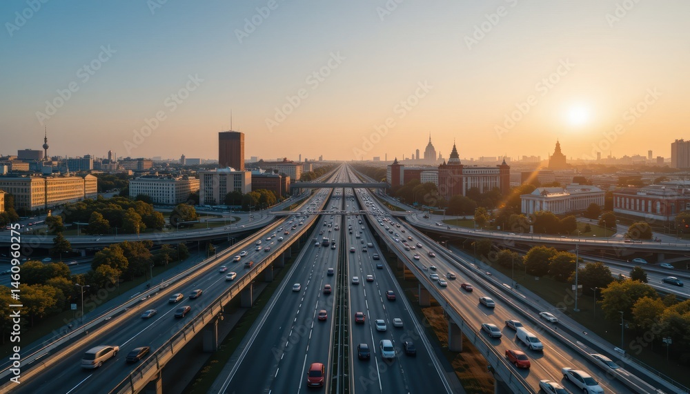 Aerial View Of Busy Highway With Flowing Car Lights During Sunset In A Modern City