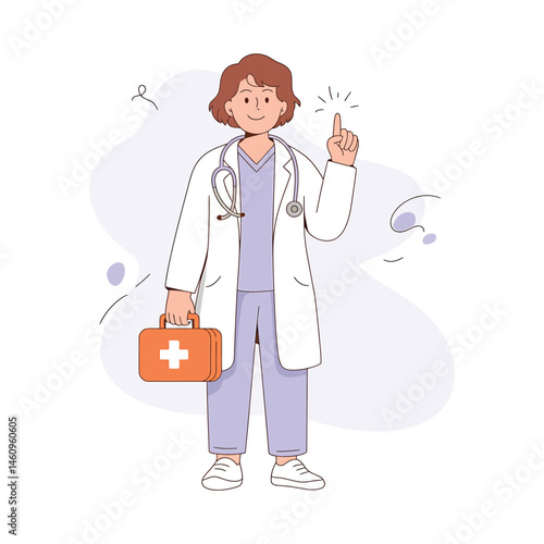 Confident female doctor with first-aid kit, pointing upward.