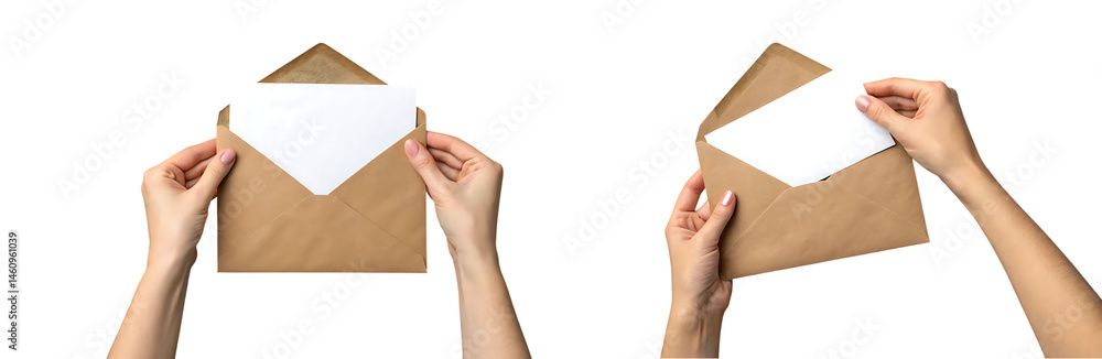 Hands holding open envelope with blank white card on transparent background Hands holding open envelope with blank white card on transparent background
