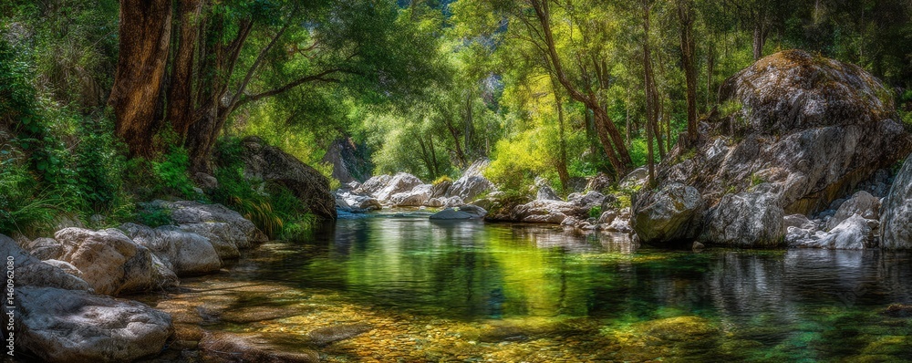 A clear river flows through a lush green forest, surrounded by rocks and illuminated by sunlight filtering through the trees. A clear river flows through a lush green forest, surrounded by rocks and illuminated by sunlight filtering through the trees.