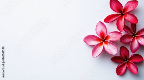 Vibrant plumeria blossoms arranged on a light background