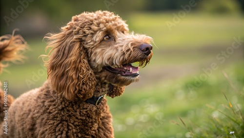 Beautiful curly-coated canine portrait captured outdoors in lush greenery with soft-focused background scenery. Curly coated retriever on a seaside
