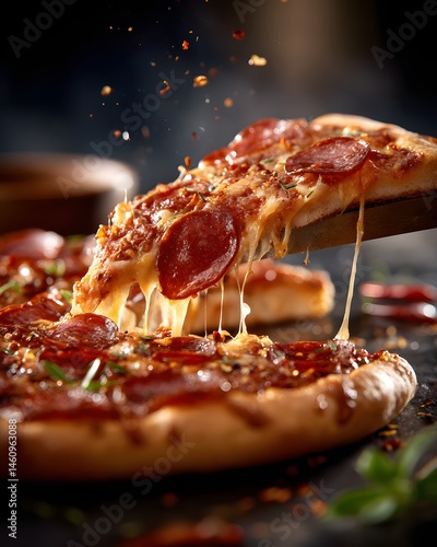 Delicious hot pepperoni pizza slice being lifted with a cheesy stringy pull.