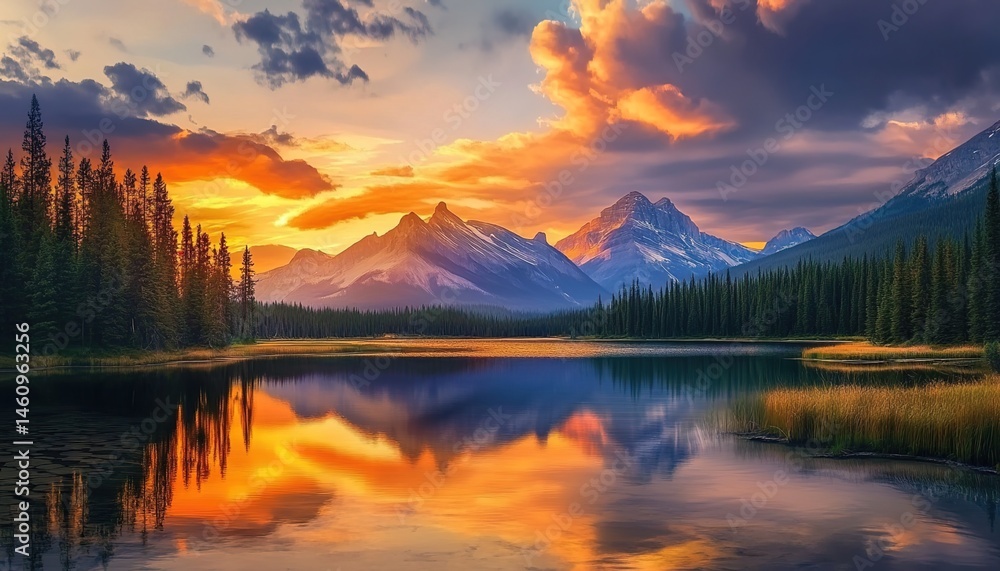 Fototapeta premium A serene lake reflecting pine trees and distant mountains under a warm sunset sky with glowing clouds.