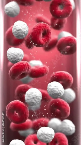 2d animation red blood cell and white cell. Circulation inside and process Pulse Heart Rate and Oxygen Saturation to organ