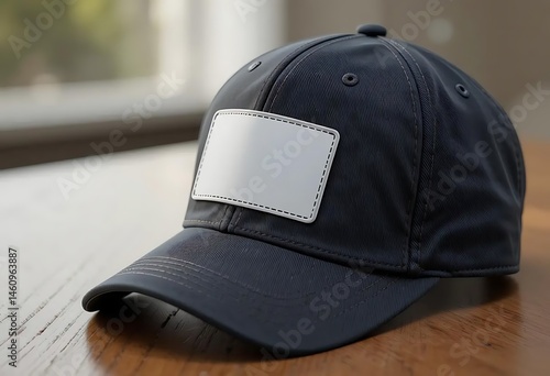 Baseball Cap Mockup with Blank Patch on Wood Table