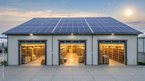 Resilience Supply Chain Modern warehouse featuring solar panels and illuminated storage spaces at dusk.