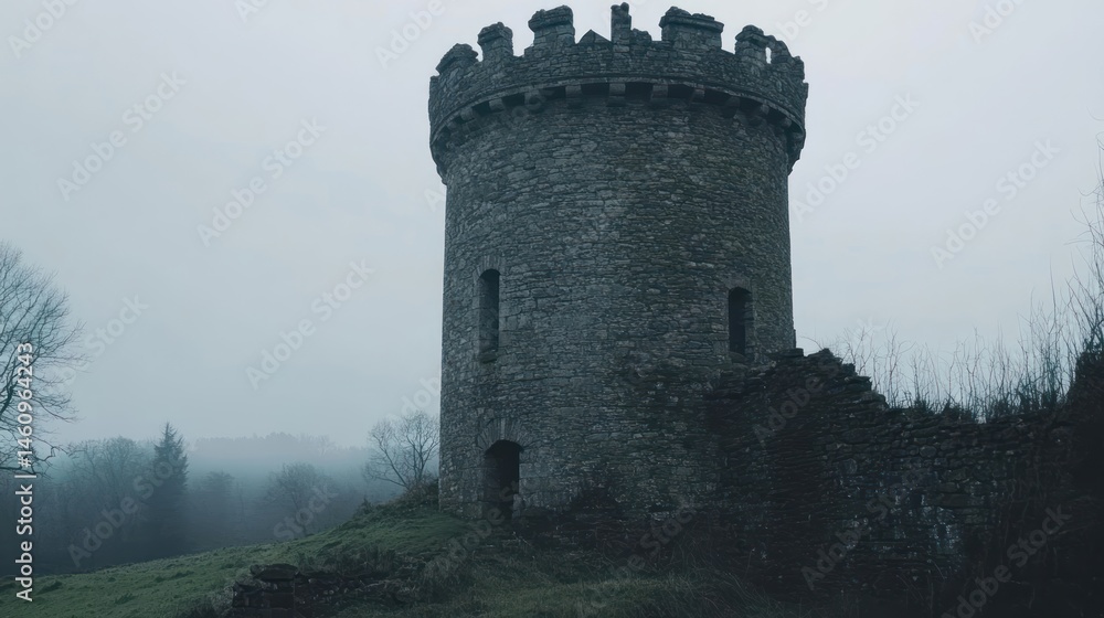 Enigmatic Stone Tower in Misty Landscape Enigmatic Stone Tower in Misty Landscape