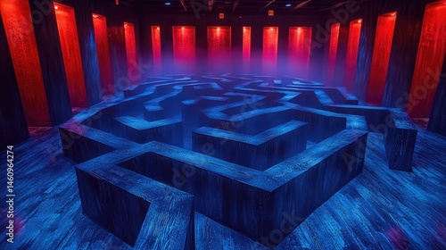 Intricate maze, vibrant colors, dark atmosphere